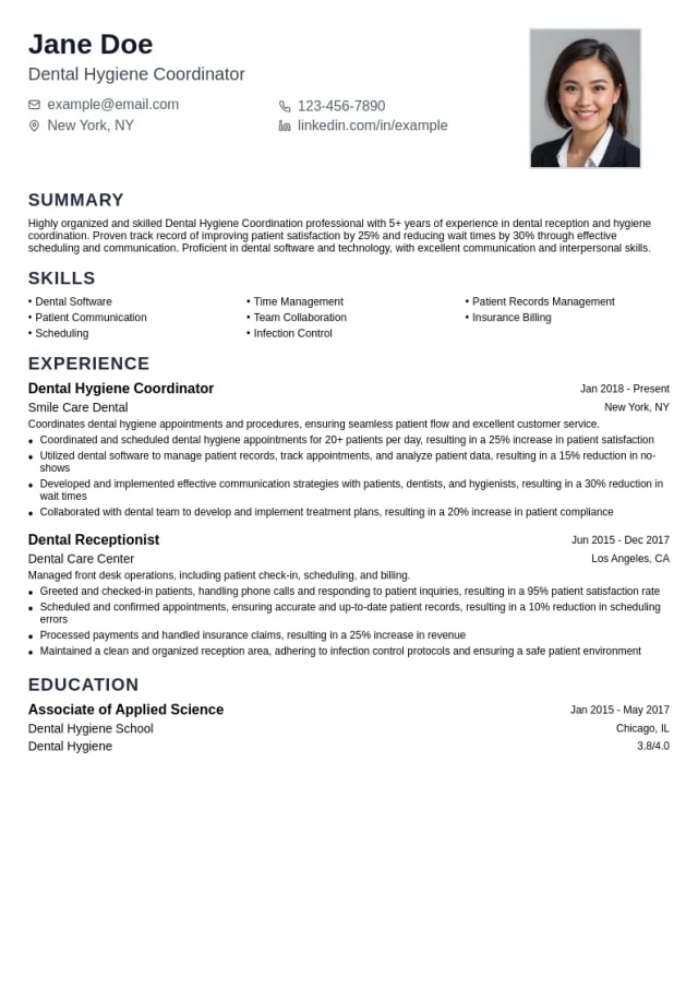 Dental Hygiene Coordination resume example