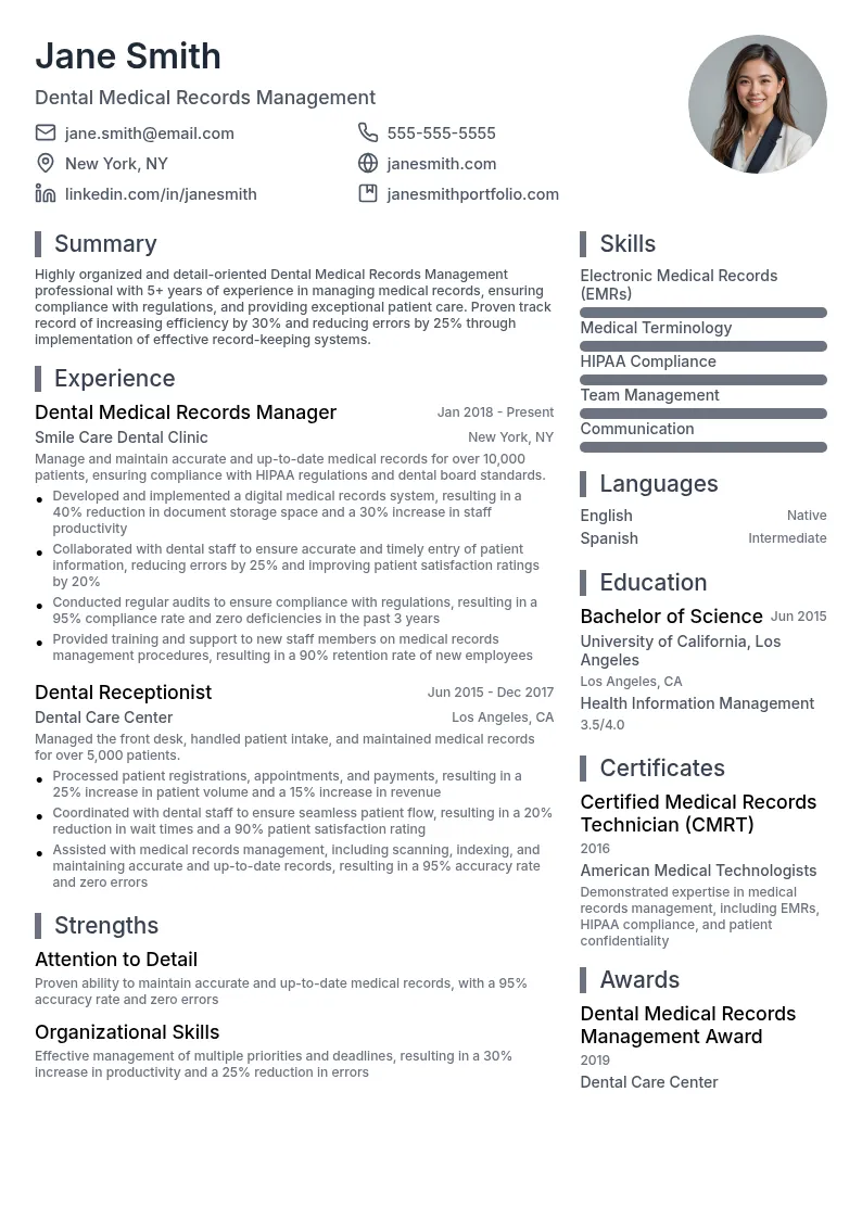 Dental Medical Records Management resume example
