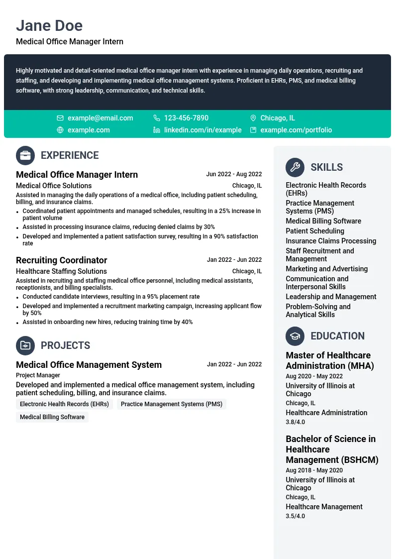 Medical Office Manager Intern resume example