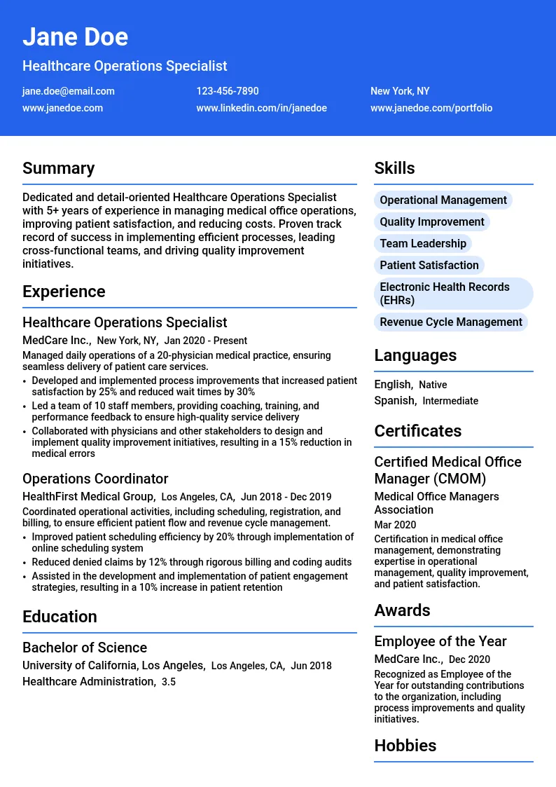 Healthcare Operations Specialist resume example