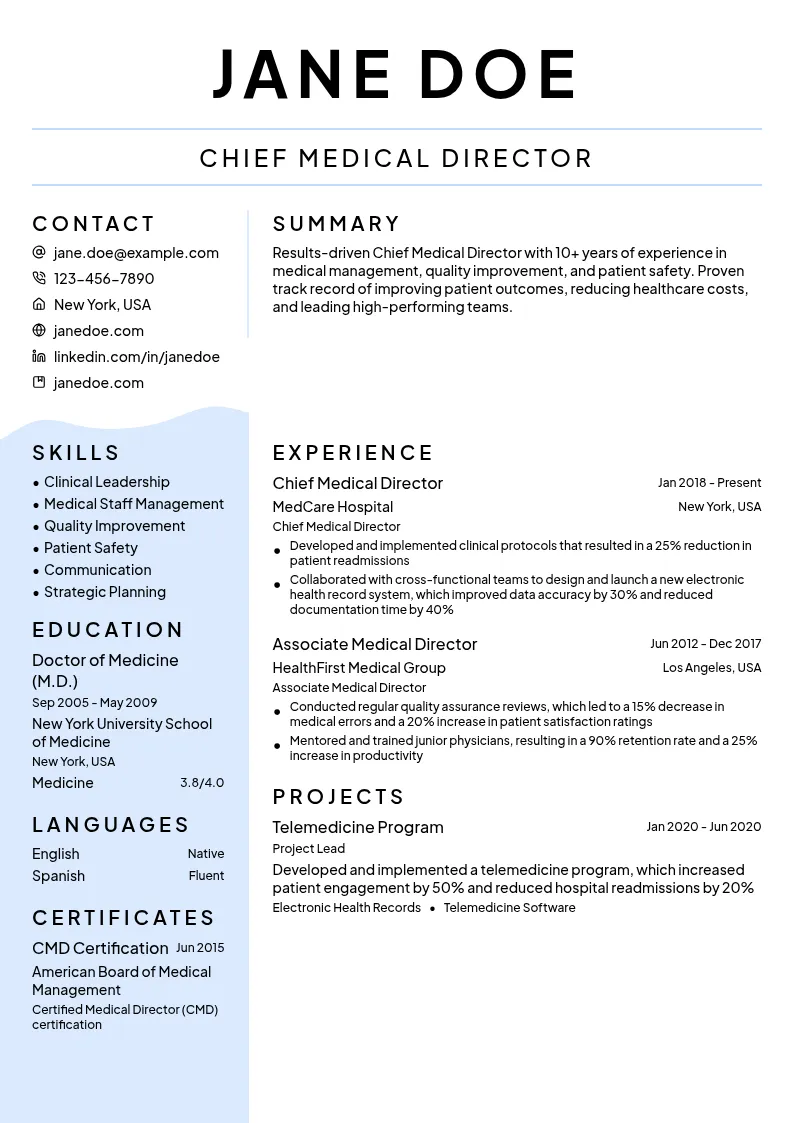 Chief Medical Director resume example