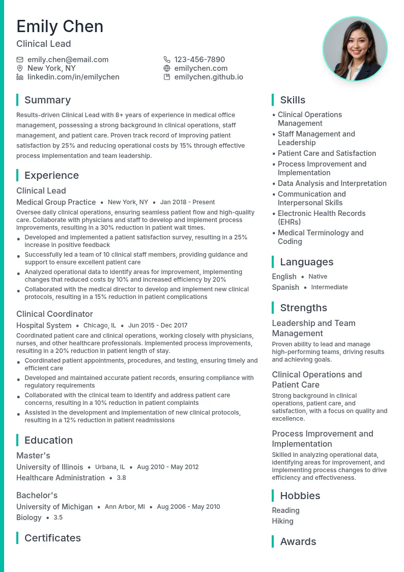 Clinical Lead resume example