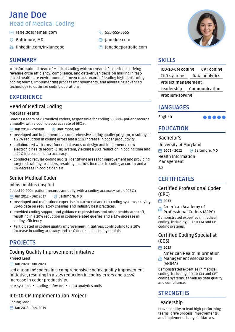 Head of Medical Coding resume example