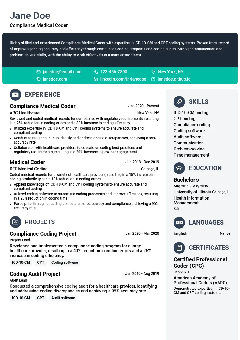 Compliance Medical Coder resume example