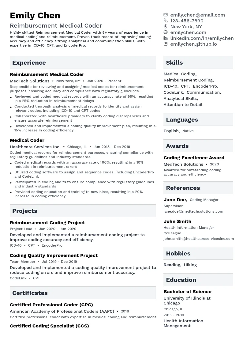Reimbursement Medical Coder resume example