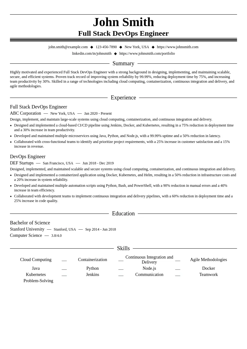 Full Stack DevOps Engineer resume example