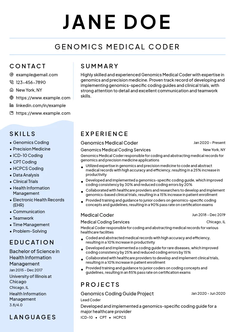 Genomics Medical Coder resume example