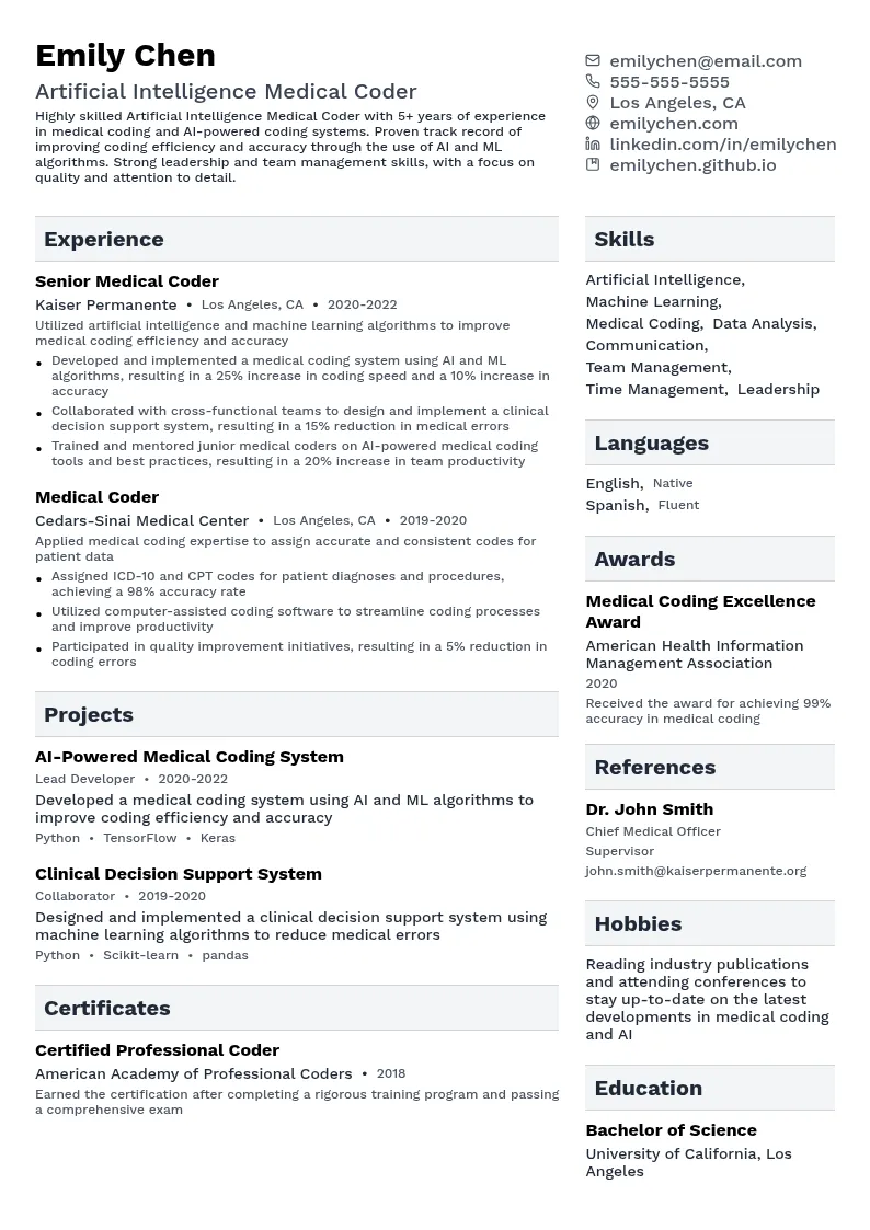 Artificial Intelligence Medical Coder resume example