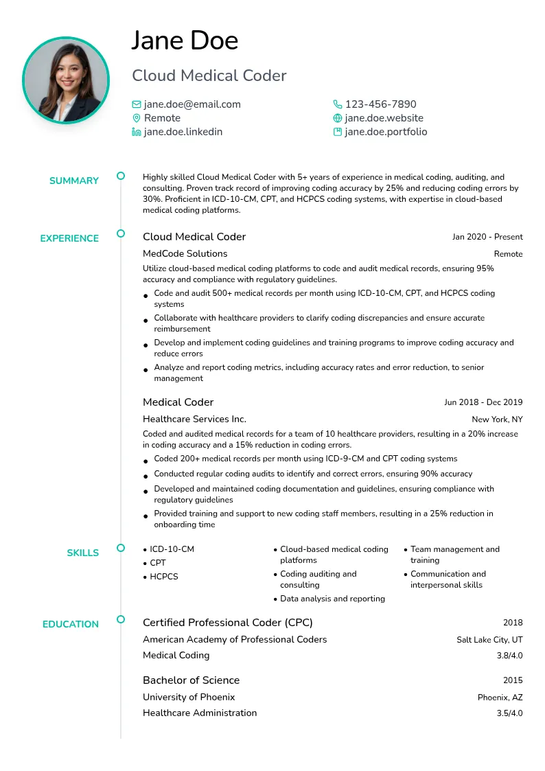 Cloud Medical Coder resume example