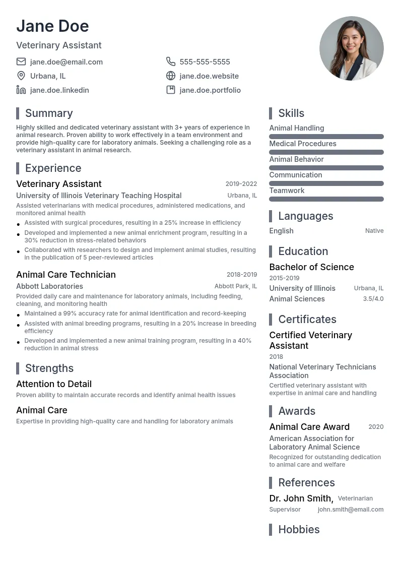 Veterinary Assistant in Animal Research resume example