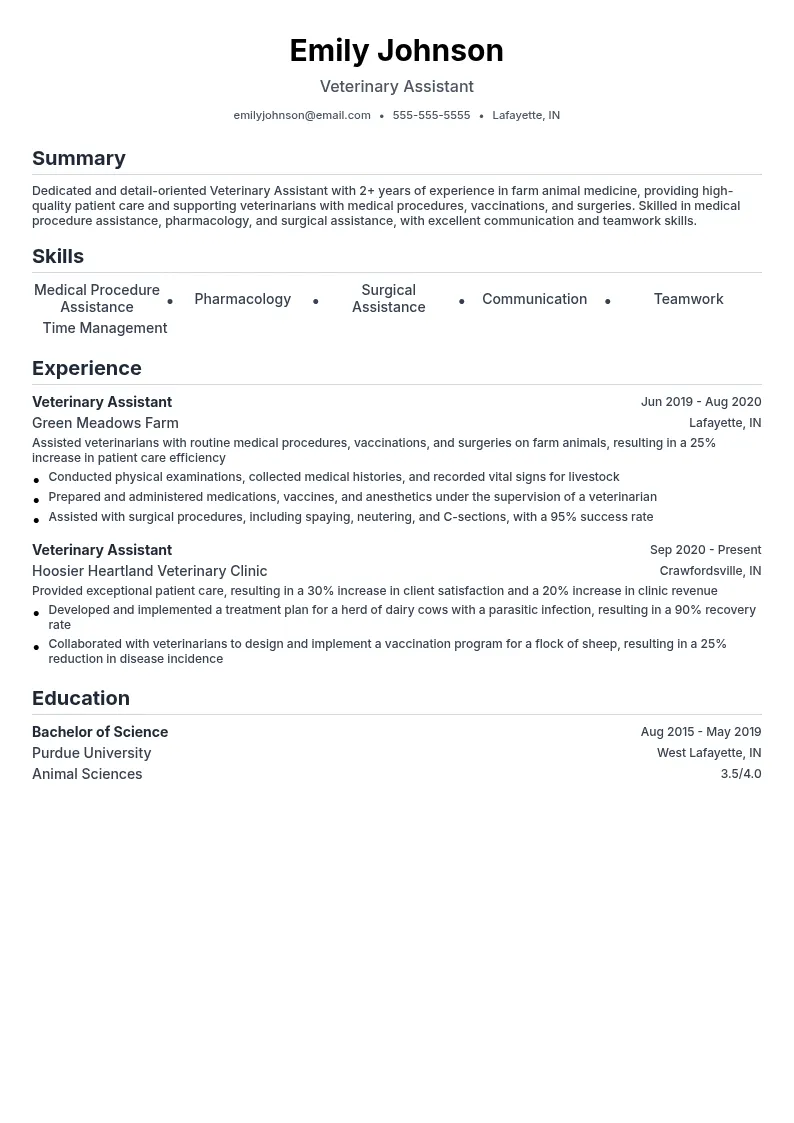 Veterinary Assistant in Farm Animal Medicine resume example