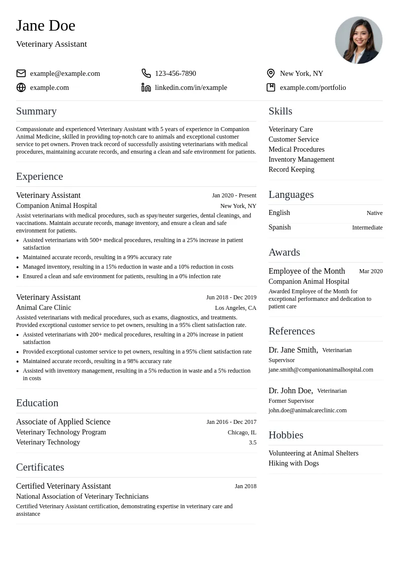 Veterinary Assistant in Companion Animal Medicine resume example