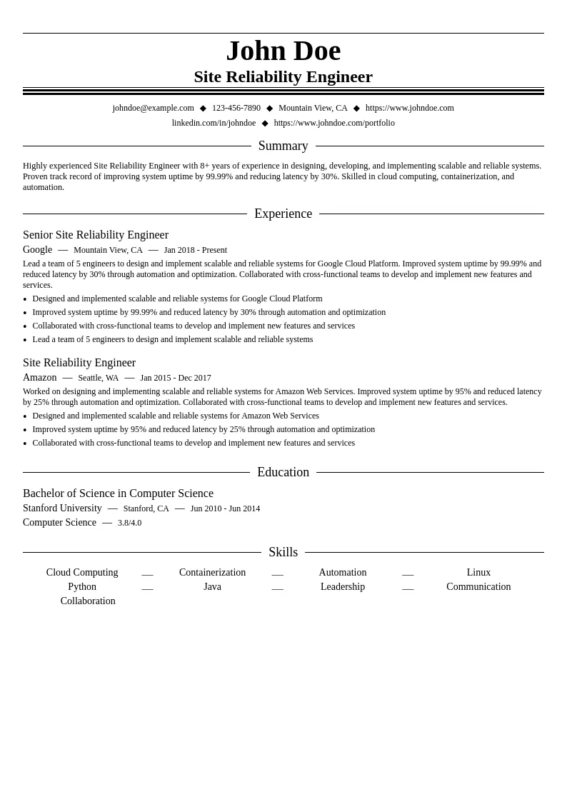 SRE (Site Reliability Engineer) resume example