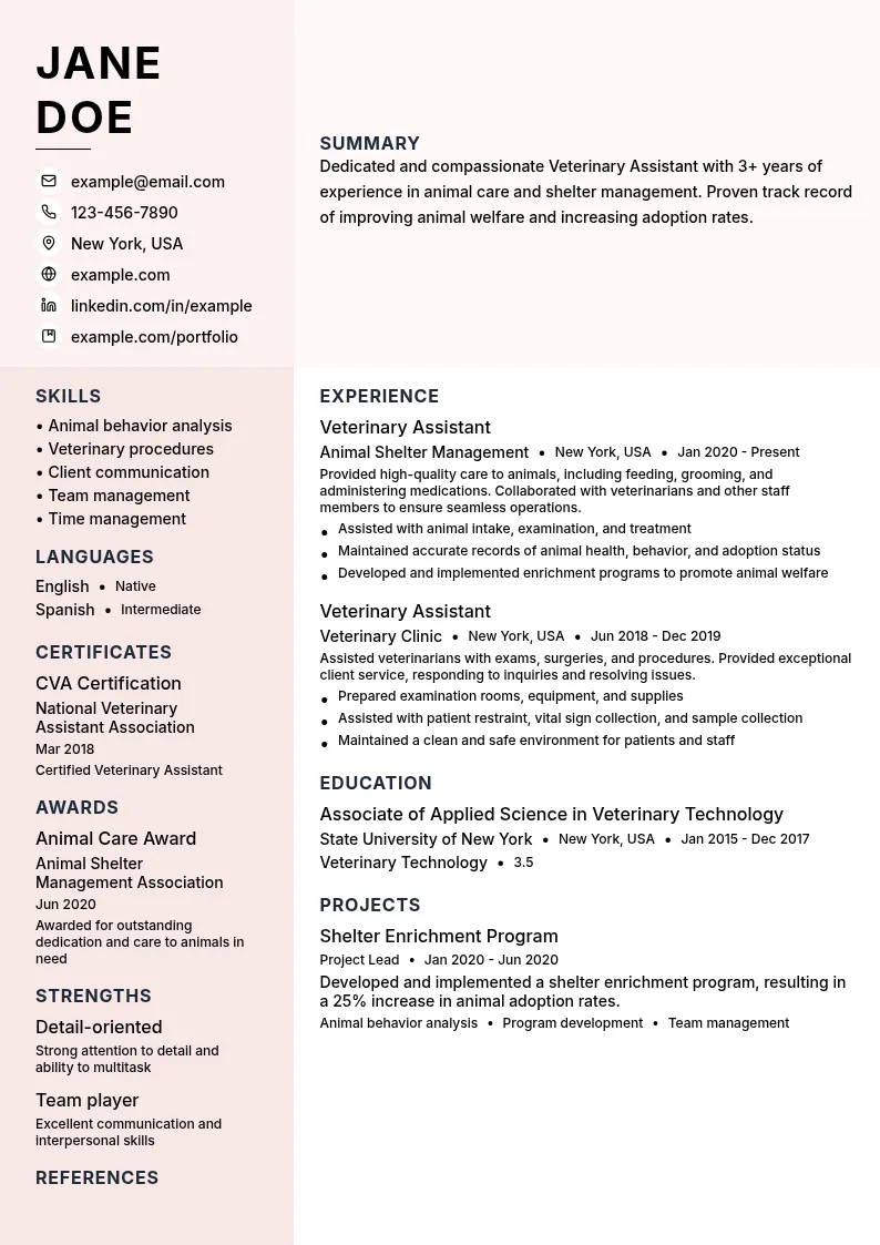 Veterinary Assistant in Animal Shelter Management resume example