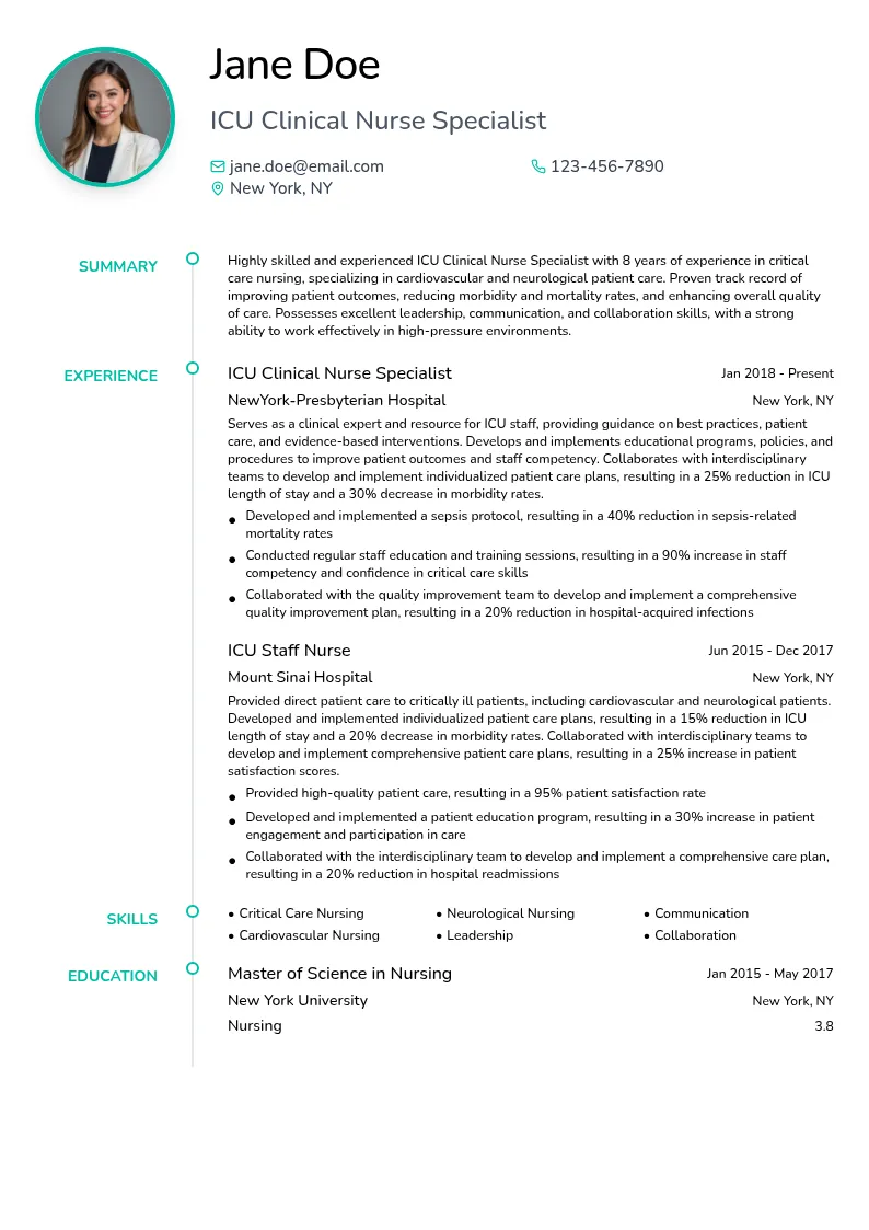 ICU Clinical Nurse Specialist resume example