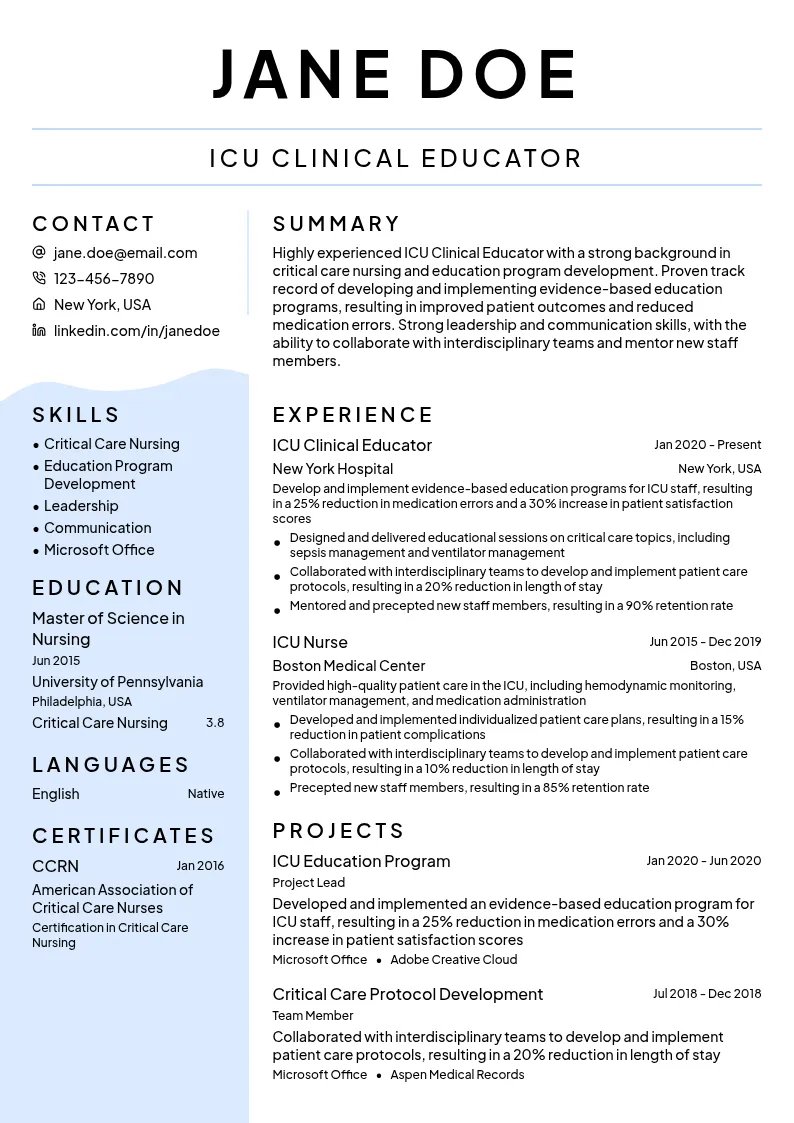 ICU Clinical Educator resume example