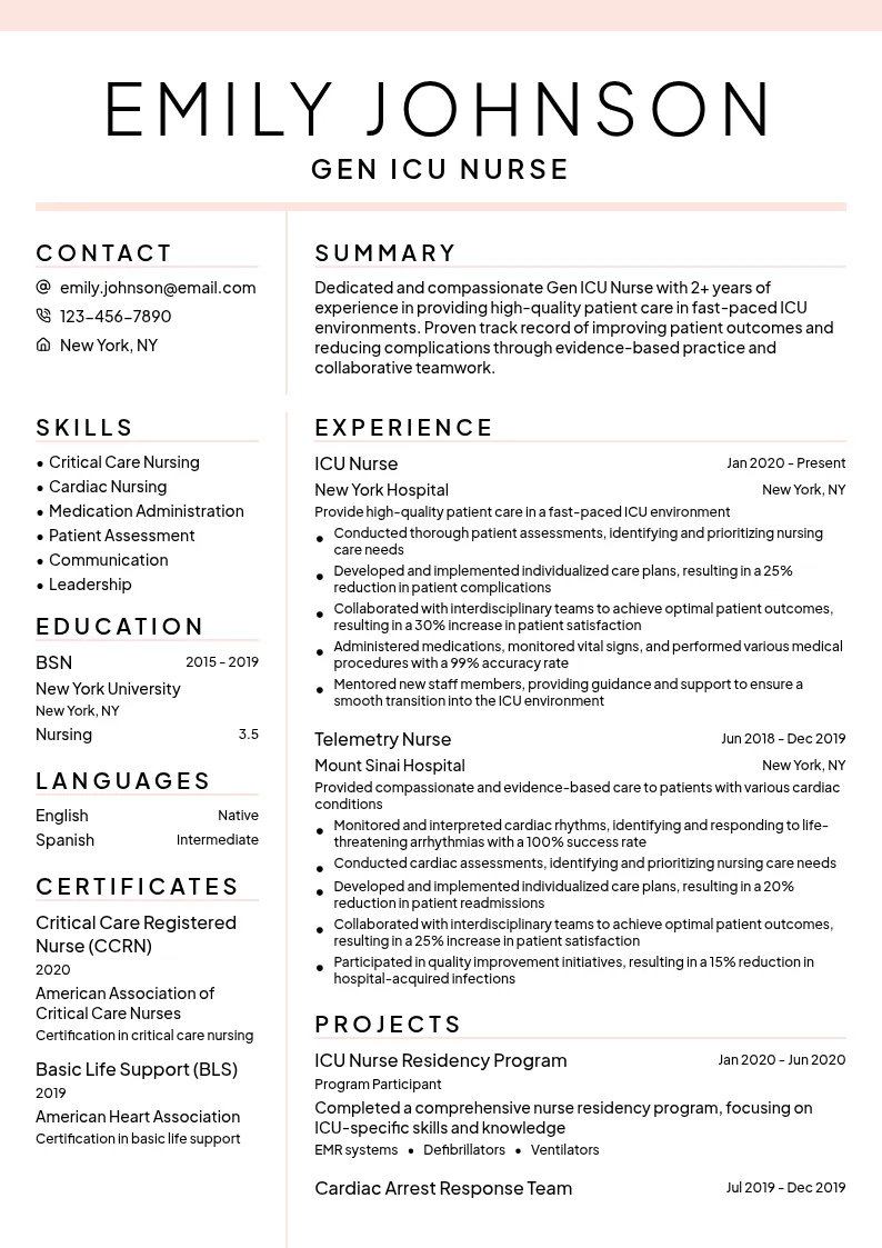 Gen ICU Nurse resume example