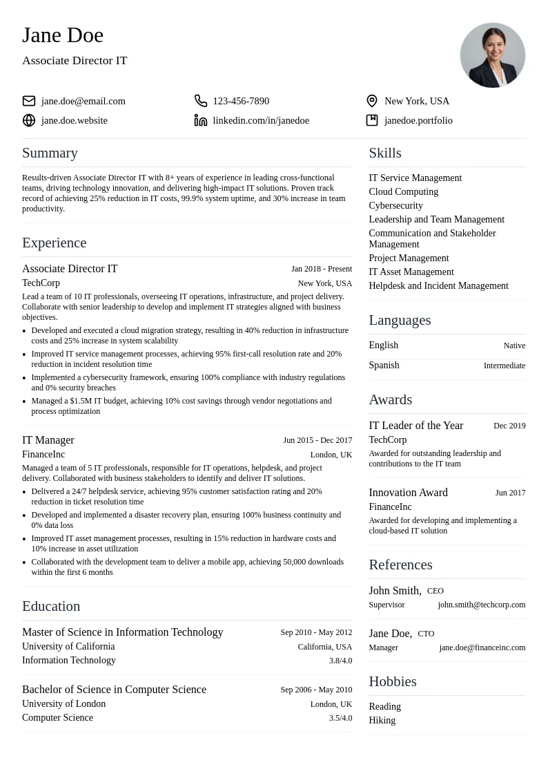 Associate Director IT resume example