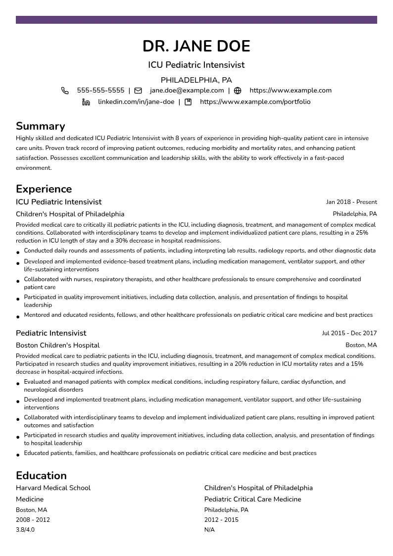 ICU Pediatric Intensivist resume example