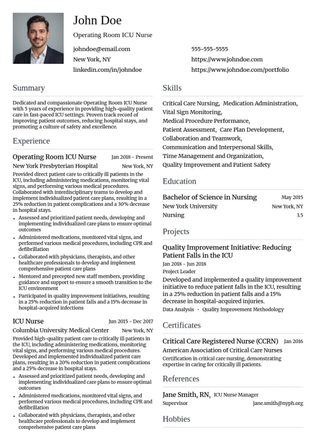 Operating Room ICU Nurse resume example