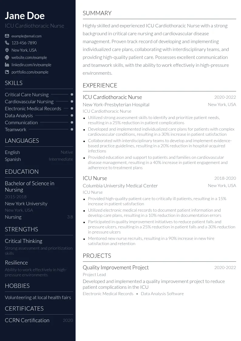 ICU Cardiothoracic Nurse resume example