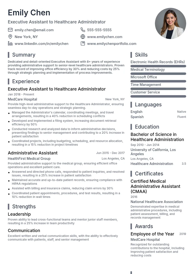 Executive Assistant to Healthcare Administrator resume example