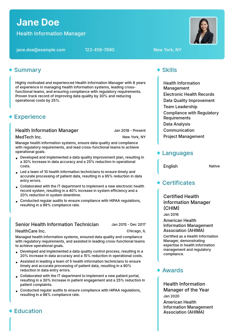 Health Information Manager resume example