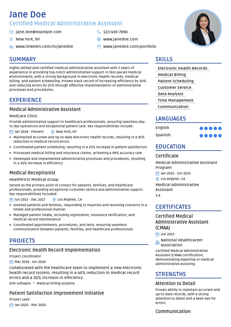 Certified Medical Administrative Assistant (CMAA) resume example
