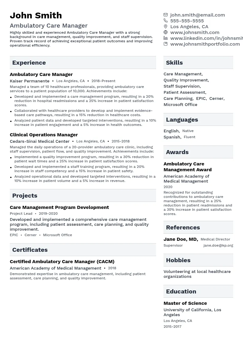 Ambulatory Care Manager resume example