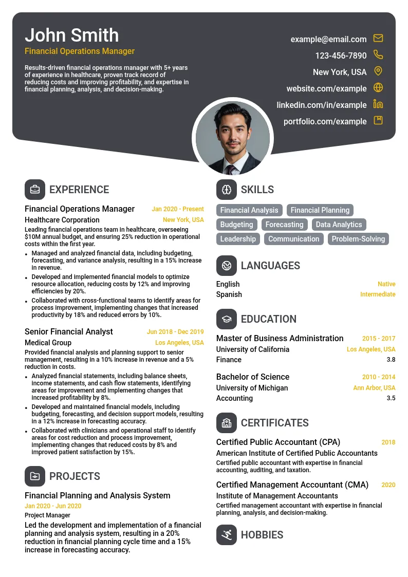 Financial Operations Manager in Healthcare resume example