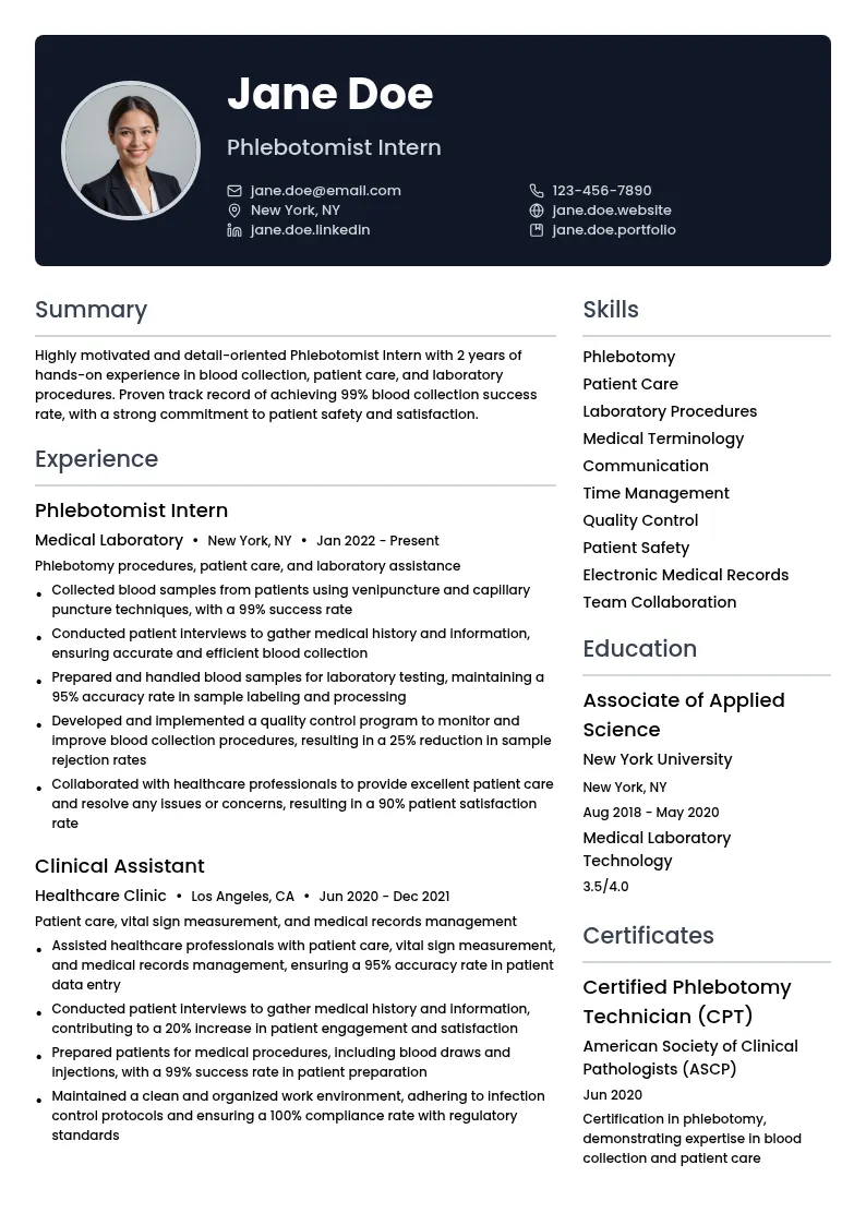 Phlebotomist Intern resume example