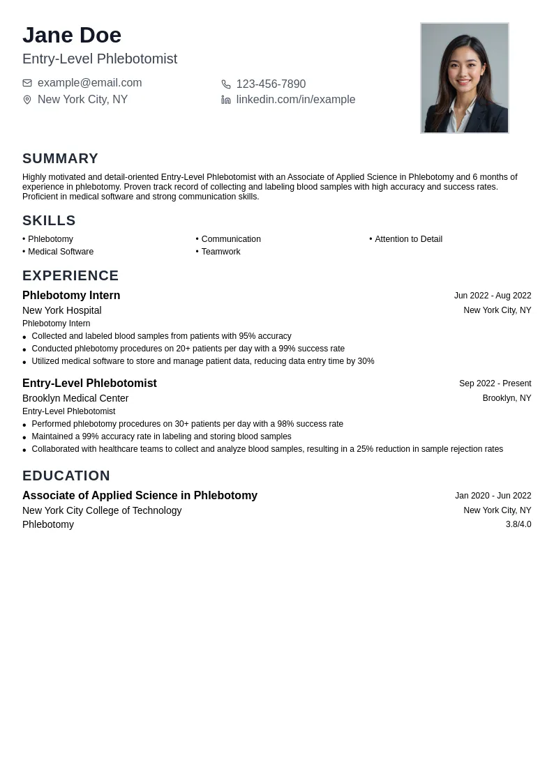 Entry-Level Phlebotomist resume example