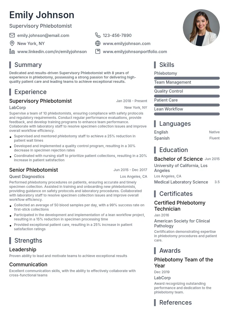 Supervisory Phlebotomist resume example