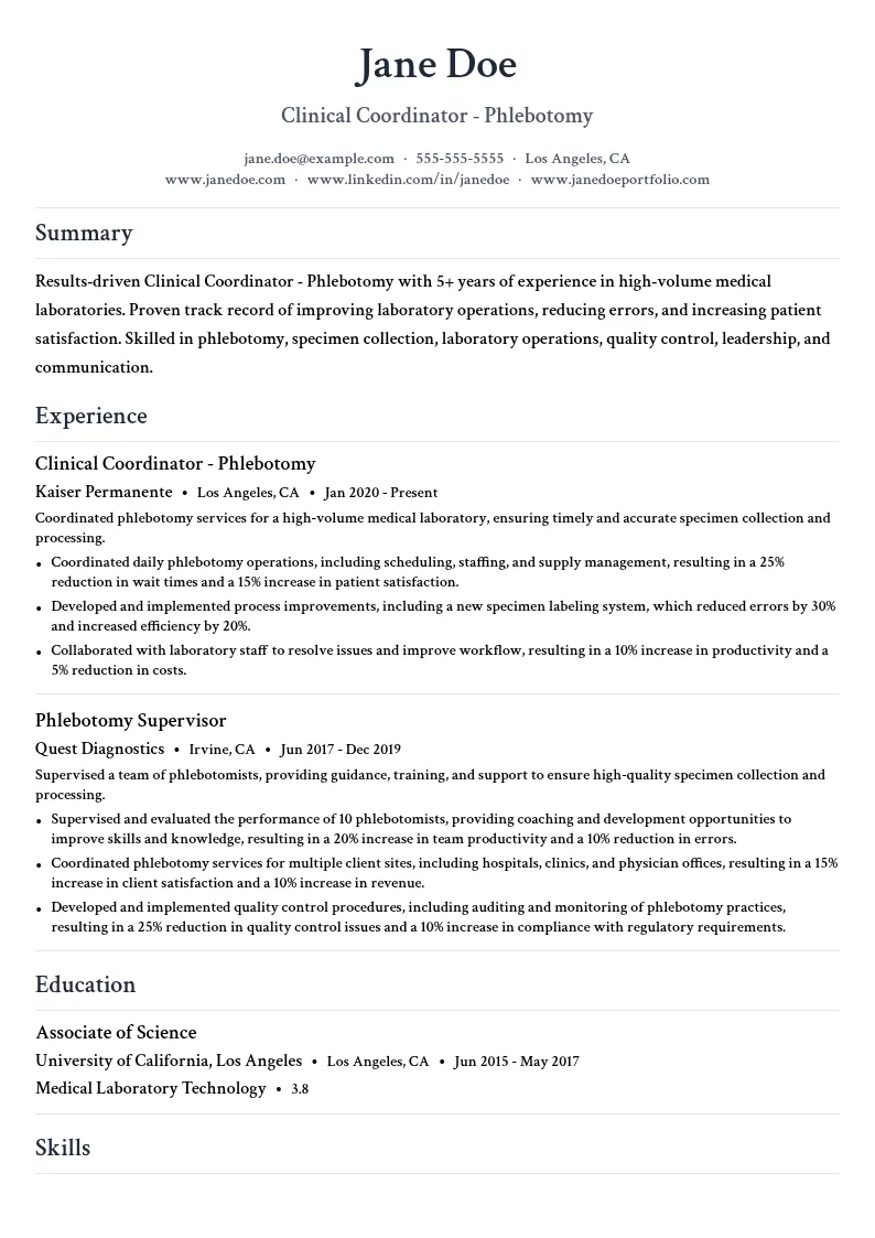 Clinical Coordinator - Phlebotomy resume example