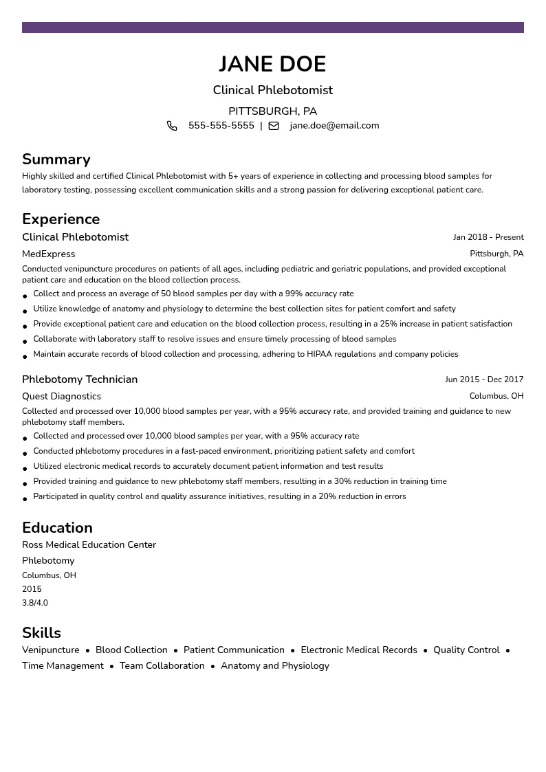 Clinical Phlebotomist resume example