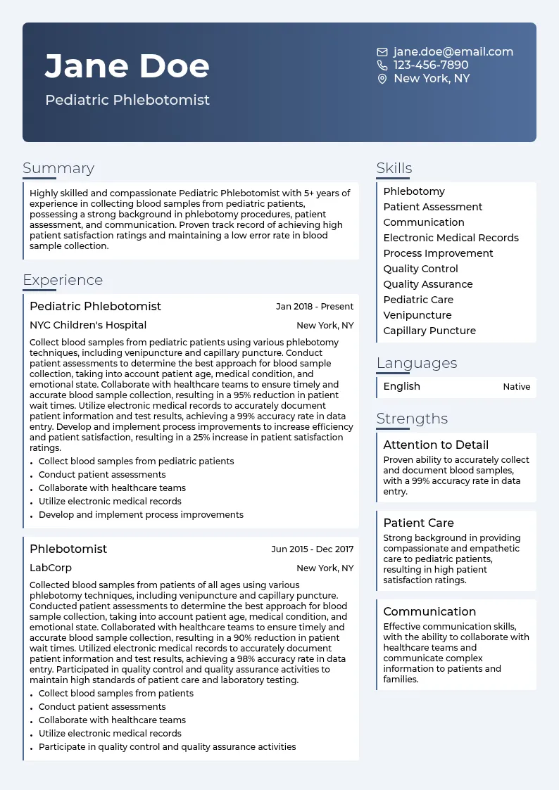 Pediatric Phlebotomist resume example