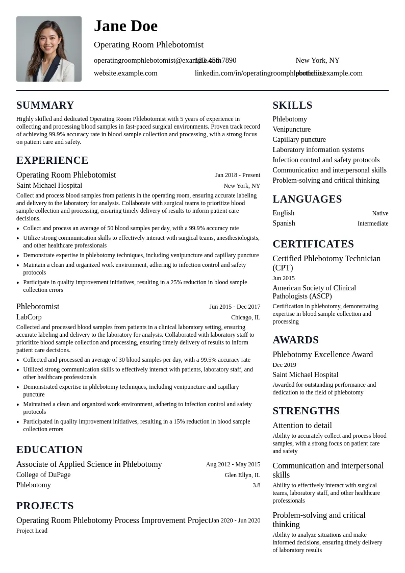 Operating Room Phlebotomist resume example