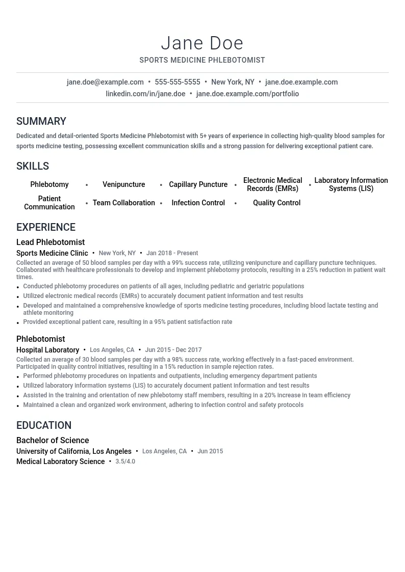 Sports Medicine Phlebotomist resume example
