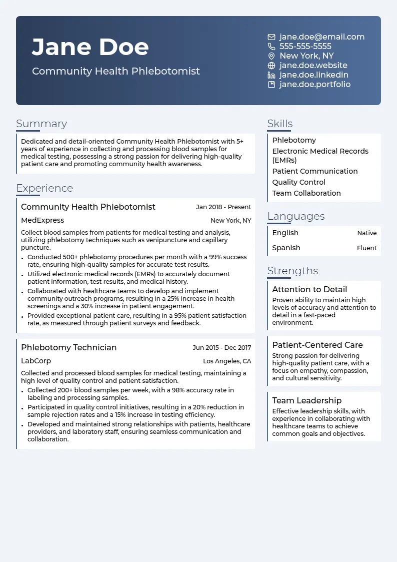 Community Health Phlebotomist resume example