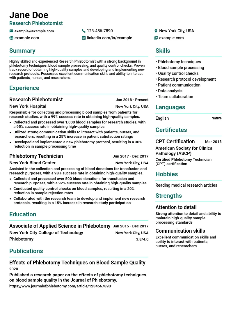 Research Phlebotomist resume example