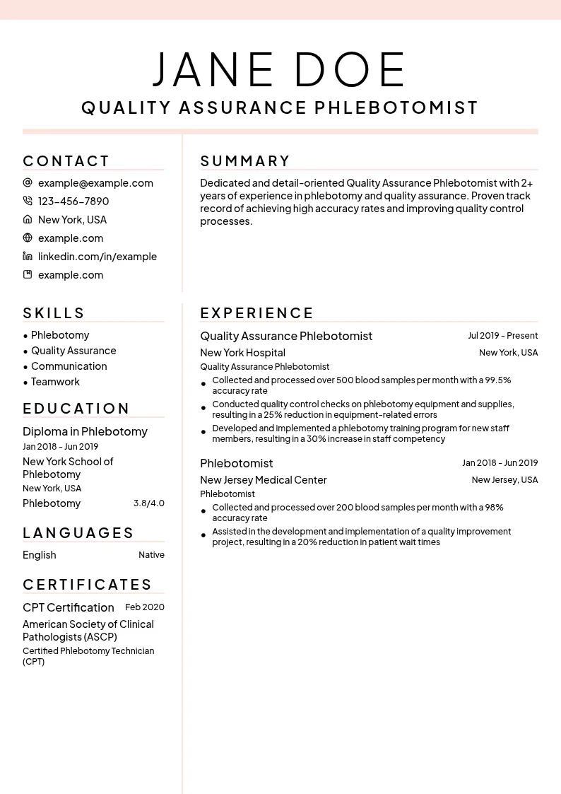 Quality Assurance Phlebotomist resume example