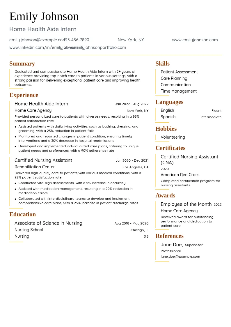 Home Health Aide Intern resume example