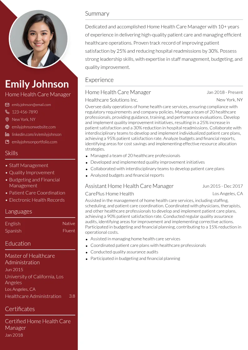 Home Health Care Manager resume example