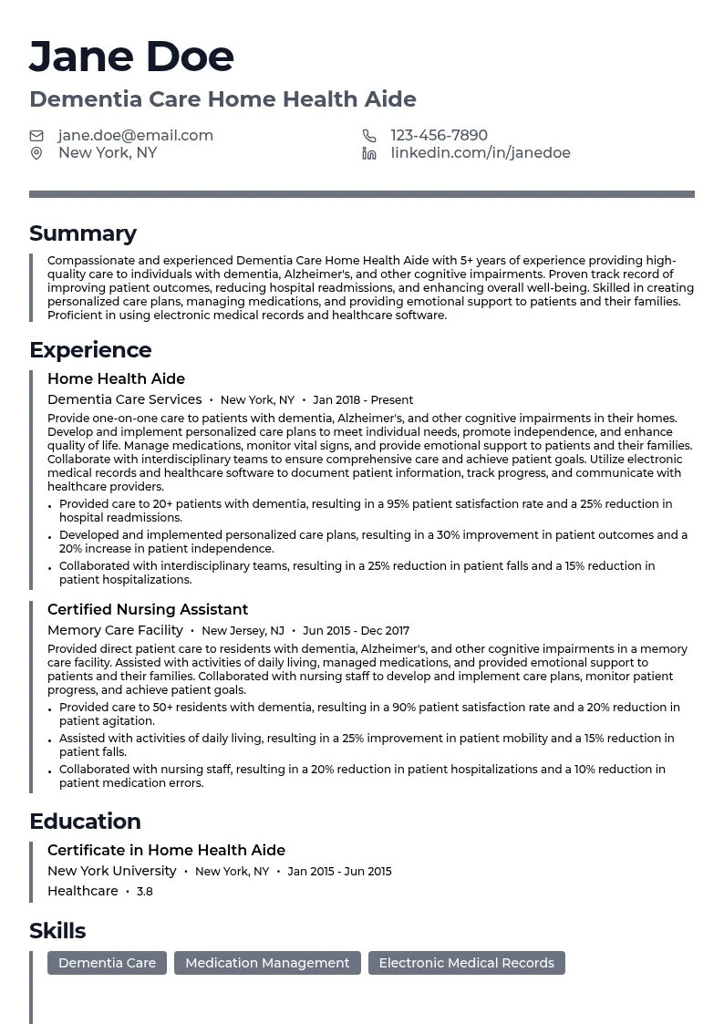 Dementia Care Home Health Aide resume example