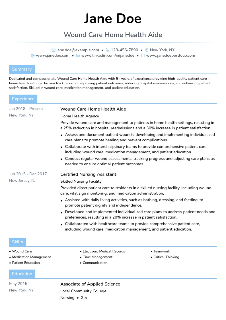 Wound Care Home Health Aide resume example