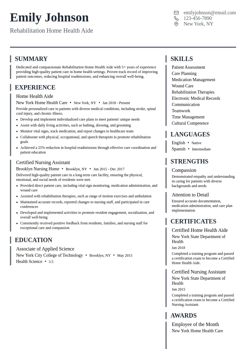 Rehabilitation Home Health Aide resume example