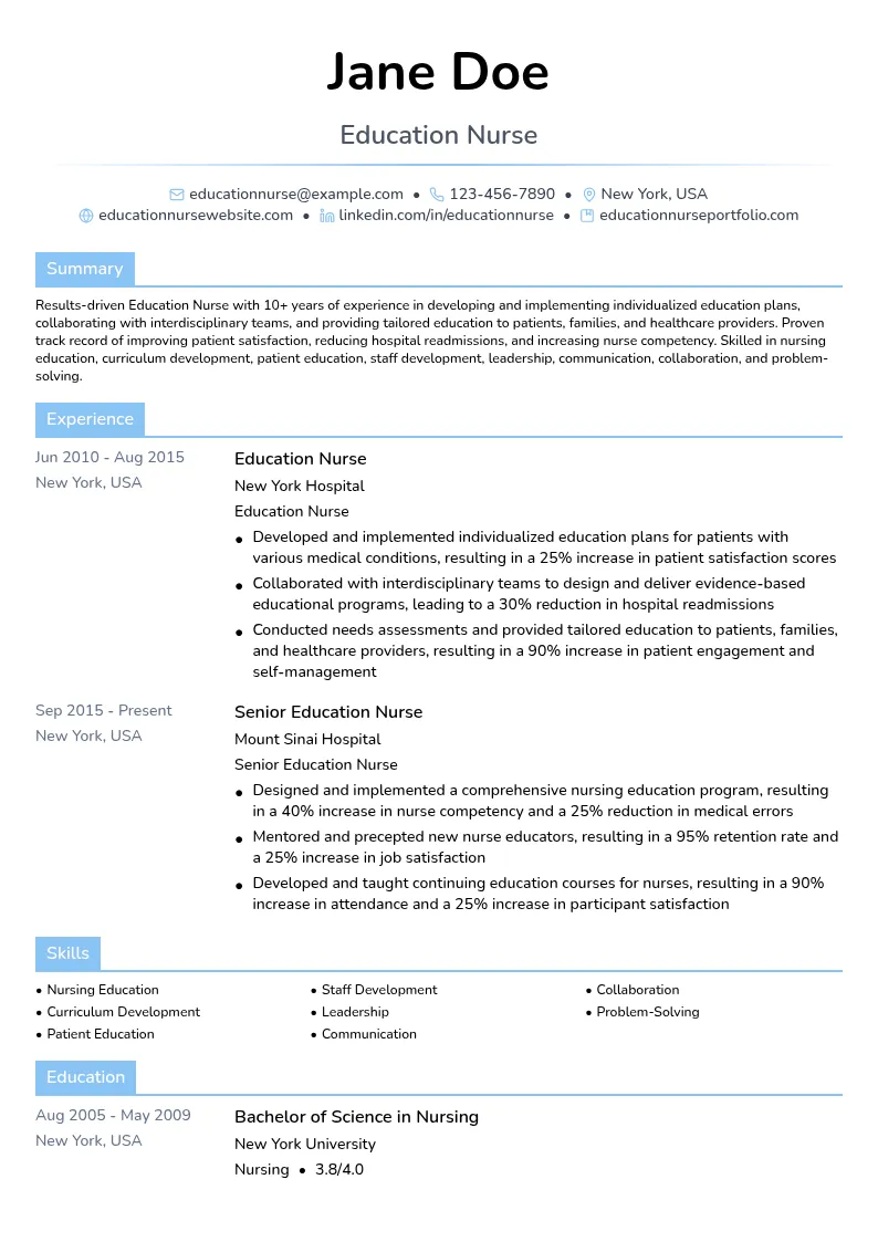 10-15 years | Education Nurse resume example