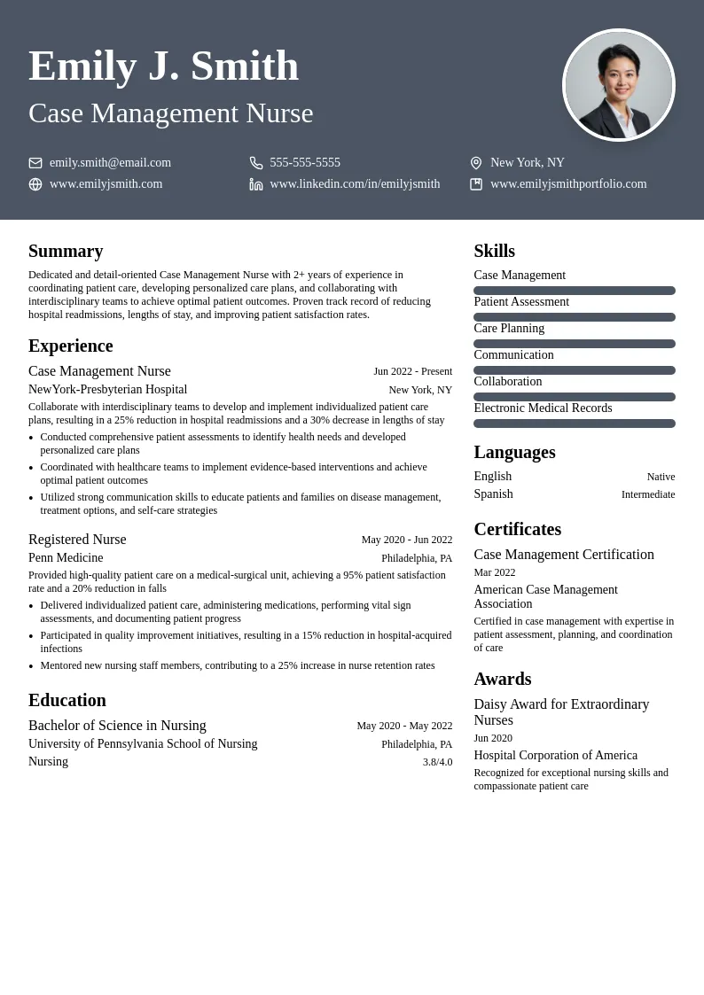 Case Management Nurse resume example