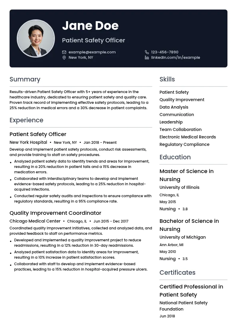 Patient Safety Officer resume example