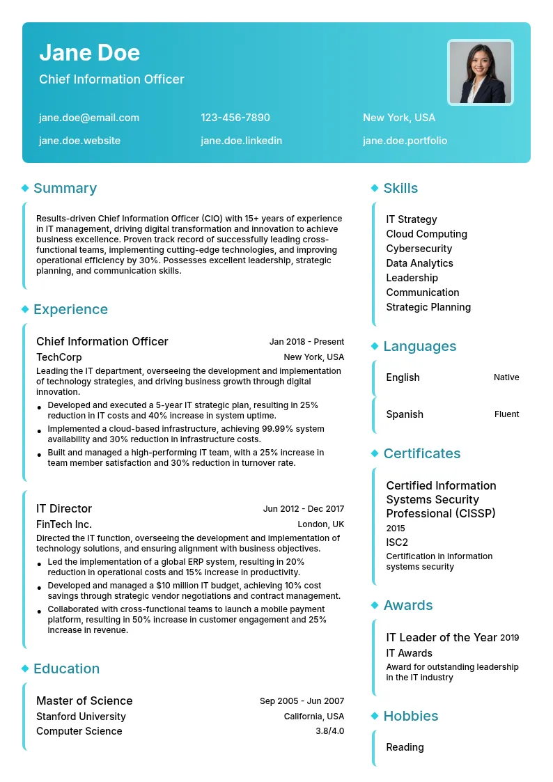 Chief Information Officer (CIO) resume example